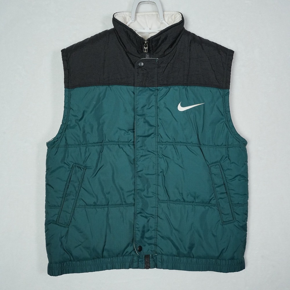 Nike Boys M Puffer Vest‎ Teal Black Colorblock Zip Snap Mock Neck Swoosh Logo